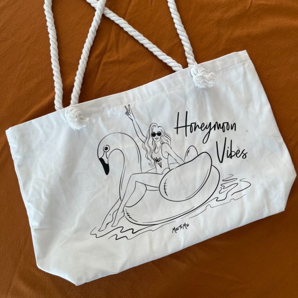 "Honeymoon Vibes" White Canvas Tote Bag